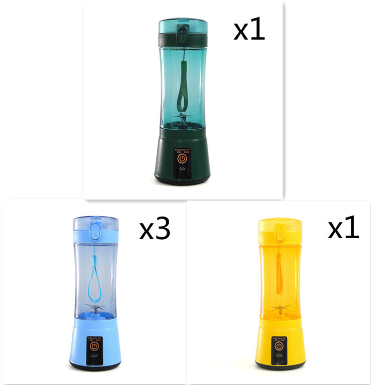Portable electric fruit juicer blender with clear cup and teal, light blue, yellow bases