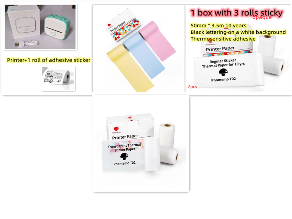 Printer paper rolls in box with two white thermal sticker rolls for label printing