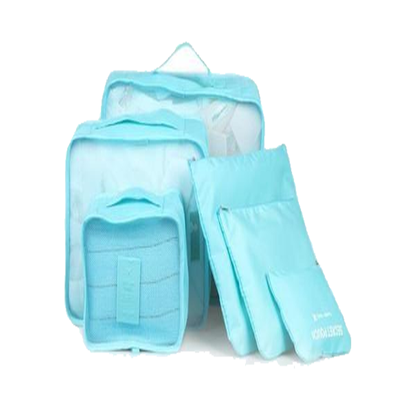 Travel packing cube set in light cyan with clear mesh panels and zipper pouches