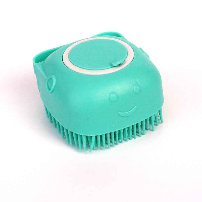 Silicone pet bath massage brush, teal round head with smiling face panel