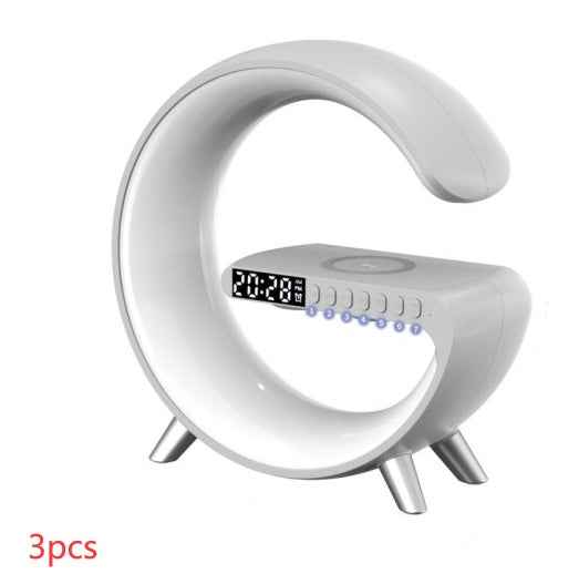 U-shaped LED speaker lamp, white body with warm amber LED ring glow