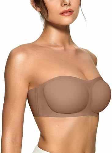 Womens strapless push-up bandeau bra in coffee brown with molded push-up cups
