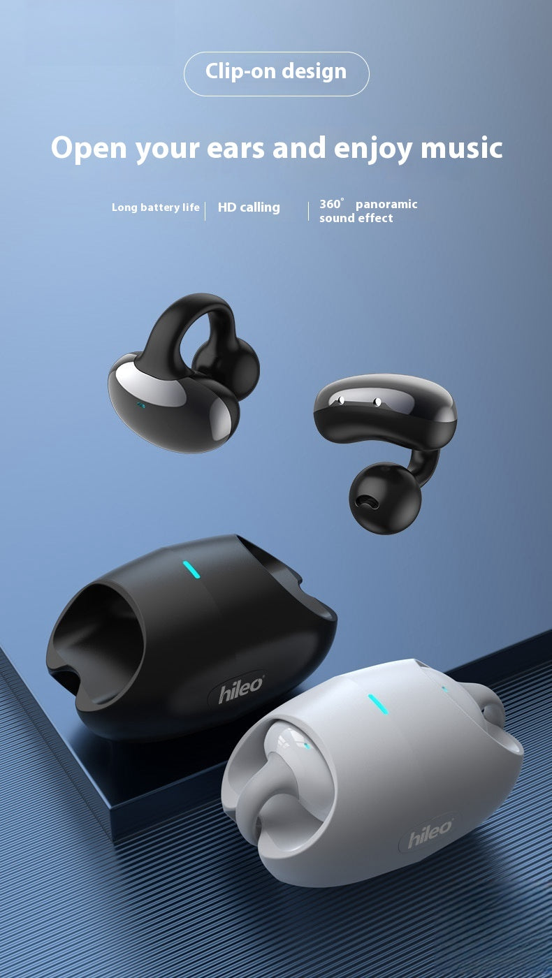 Clip-on true wireless Bluetooth headset set with black and white earbuds