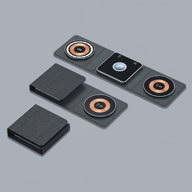 Black 3-in-1 magnetic wireless charger station with three charging surfaces and pads