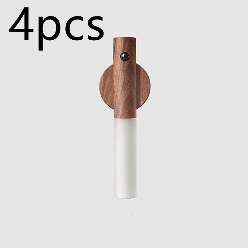 Dark wood and white magnetic LED night light with circular sensor on top, 4-pack
