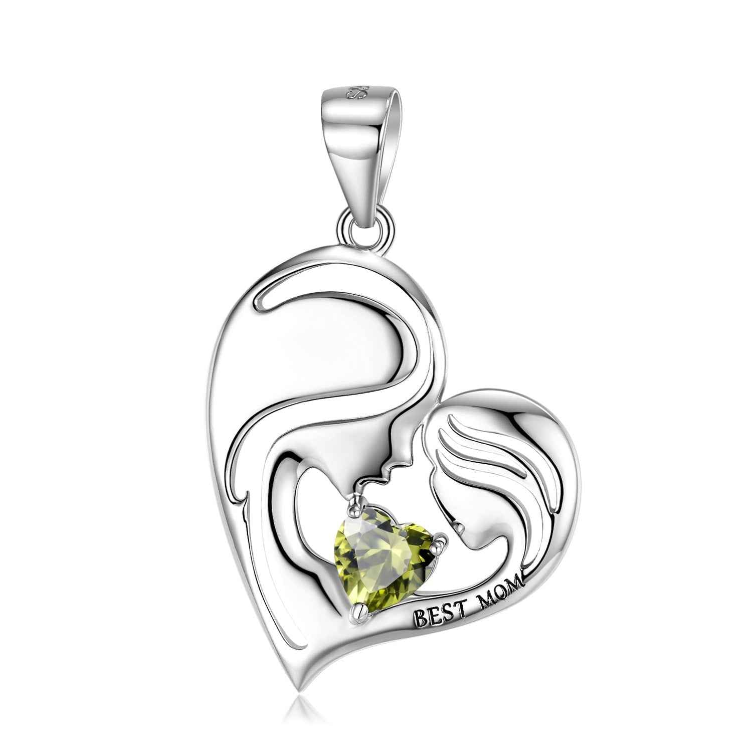 S925 sterling silver heart pendant with yellow-green crystal and Best Mom engraving