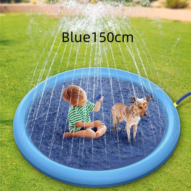 Blue round splash pad with water spray, child and dog playing in shallow pool