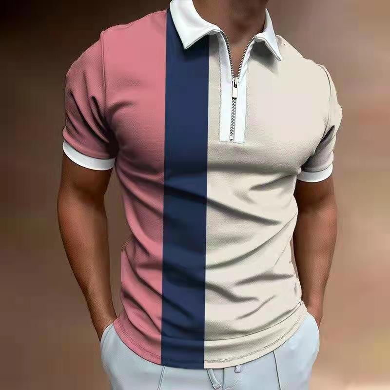 Men’s polo shirt with vertical stripes in pink, navy, and white; short sleeves, zip neck.
