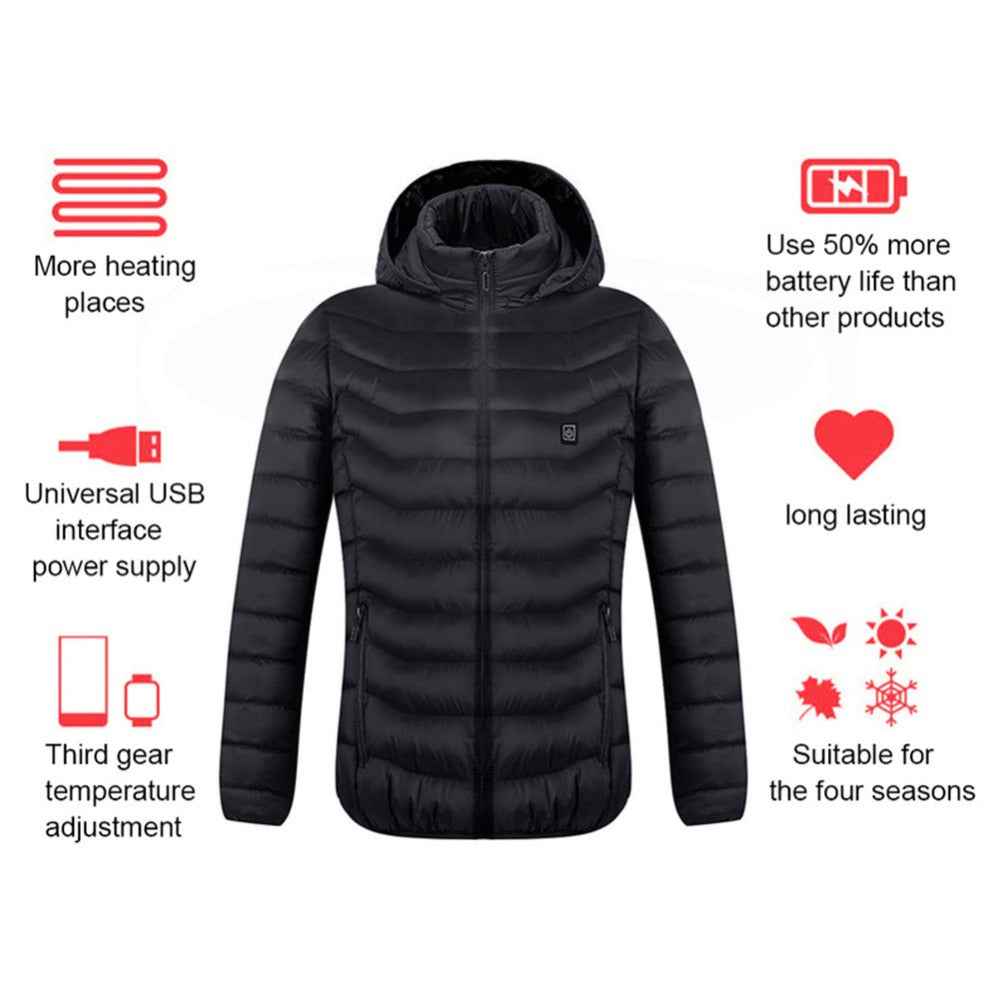 Black hooded zip-up puffer heated jacket with ribbed quilting and front zipper.