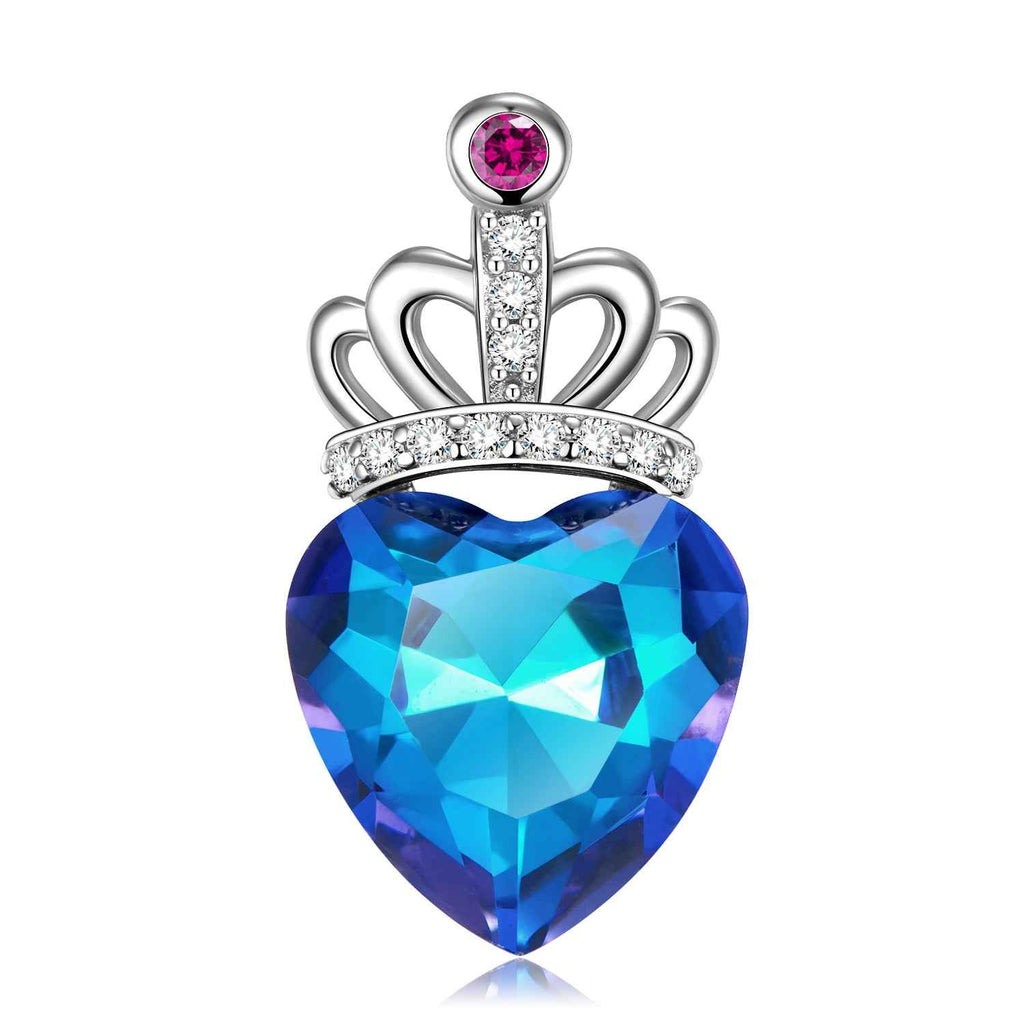 Sterling silver heart pendant necklace with blue faceted heart stone and pink crown