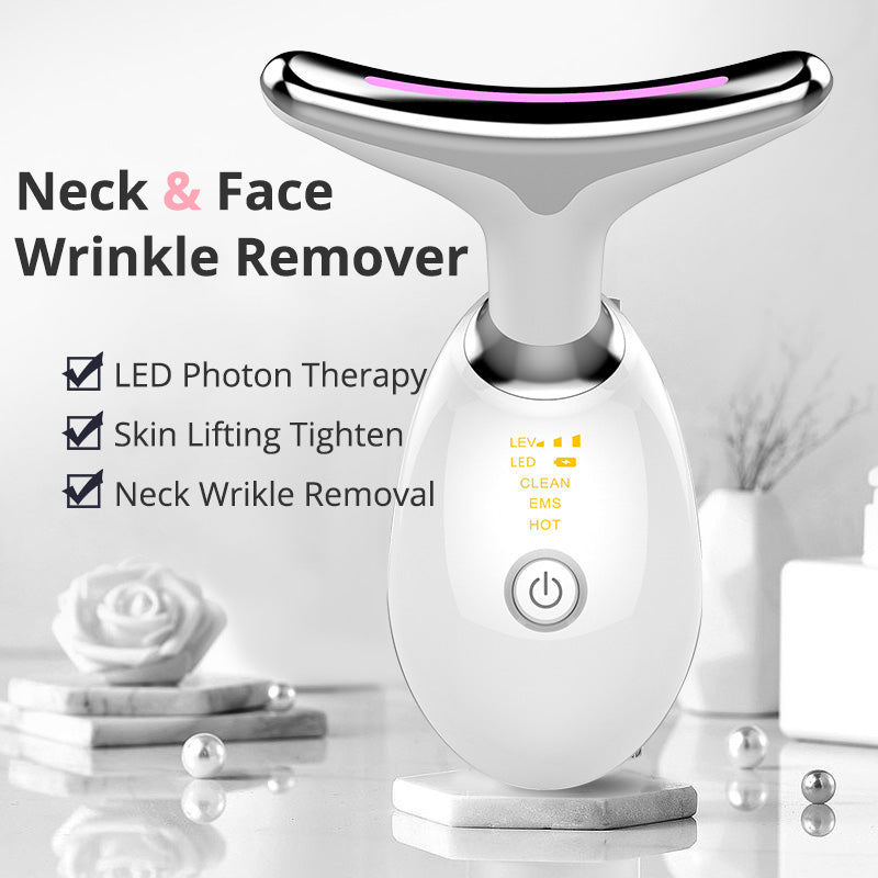 EMS neck wrinkle massager, white handle with pink LED strip and control button