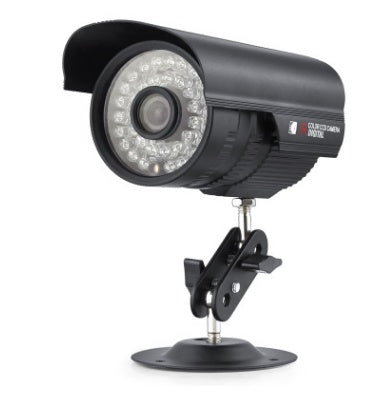 Outdoor surveillance security camera with black housing, IR LED ring, wider base stand mount