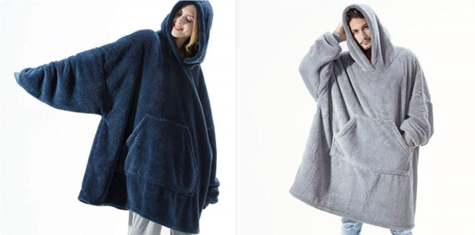Fleece hoodie sweatshirt with hood and kangaroo pocket in navy blue and light gray