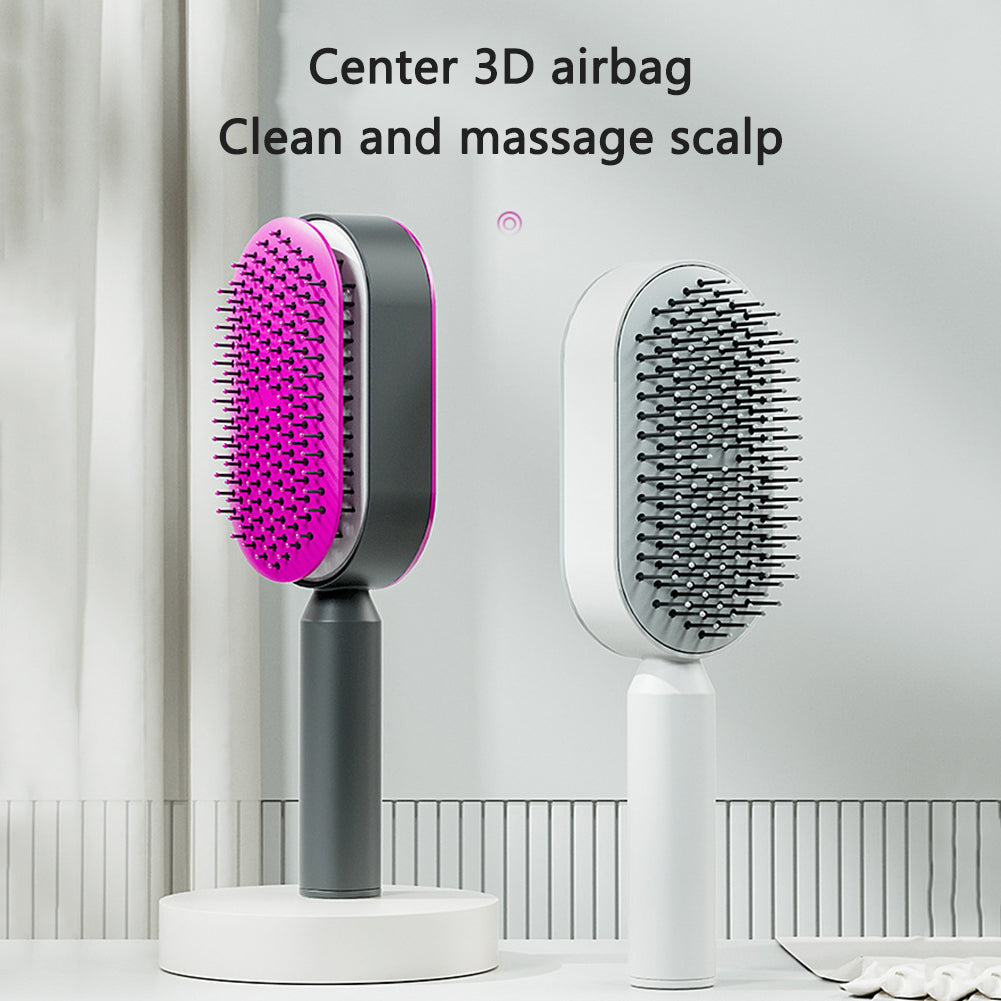 Self-cleaning hair brush pair with purple and dark bristles on gray and white handles