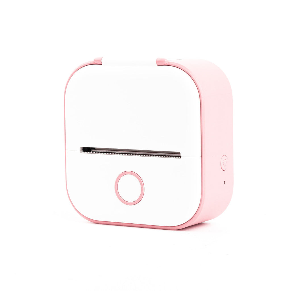 Pink portable mini thermal label printer with black print head bar and front button
