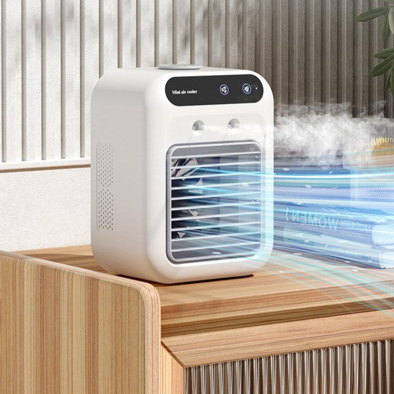 Portable mini air cooler with front air outlet and mist airflow effect, white body