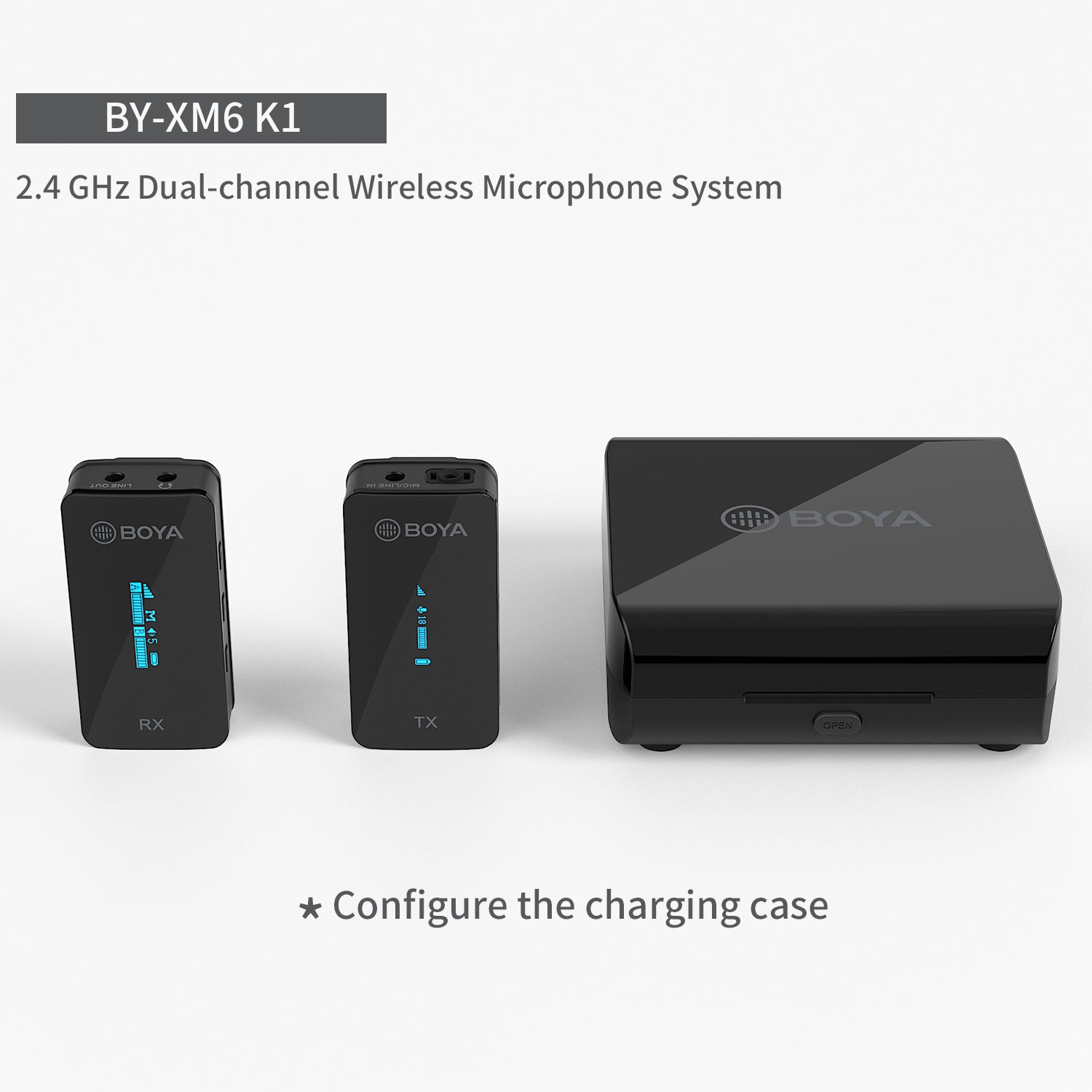Black wireless microphone receiver and transmitter with charging case