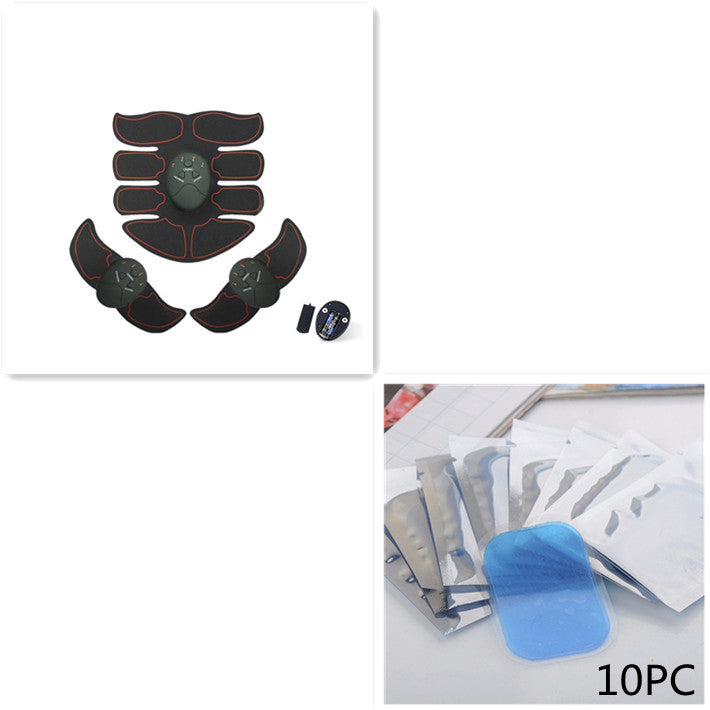 EMS abdominal muscle trainer with black electrode pads and small remote controller
