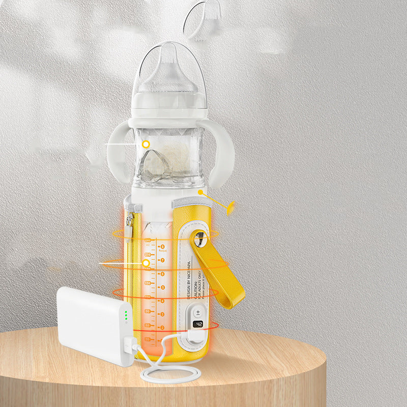 Constant-temperature milk bottle on warming base with thermometer display and handle