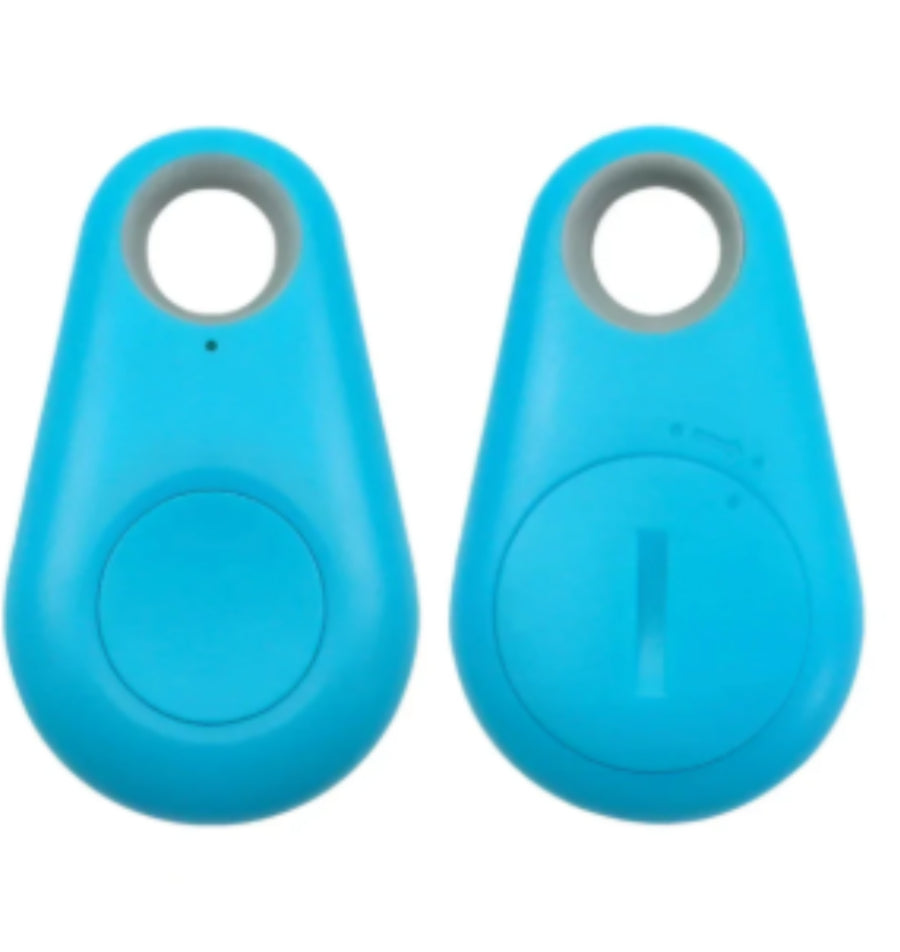 Two blue Bluetooth anti-lost finders with keyring holes and circular button faces