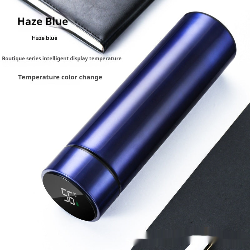 Smart temperature display insulated bottle, haze blue finish, round LED screen with digits