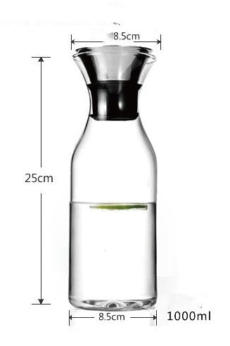 Clear glass bottle with black top collar, 25cm tall; labeled 1000ml capacity