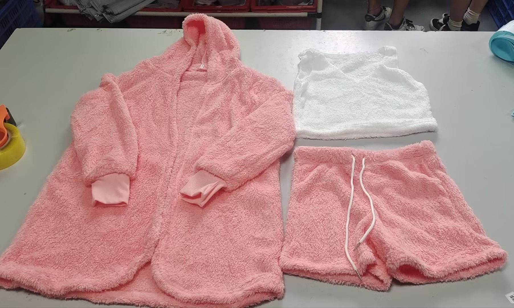 3-piece fuzzy lounge set pair: pink and white cropped tanks with drawstring shorts