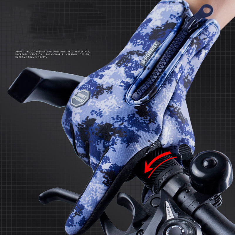 Winter motorcycle riding gloves, blue camouflage style with padded touchscreen palm area.