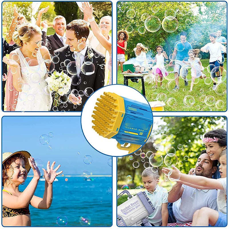 Bubble gun toy promotion collage showing multiple bubbles and a close-up of the nozzle