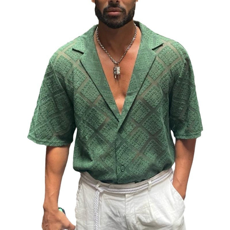 Men's short-sleeve lapel shirt in green with textured pattern and open V collar