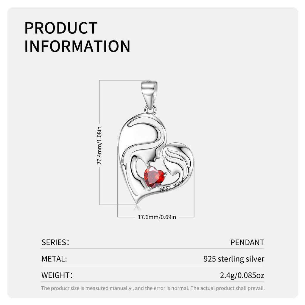 S925 sterling silver heart pendant with red gemstone and Best Mom engraving, size view