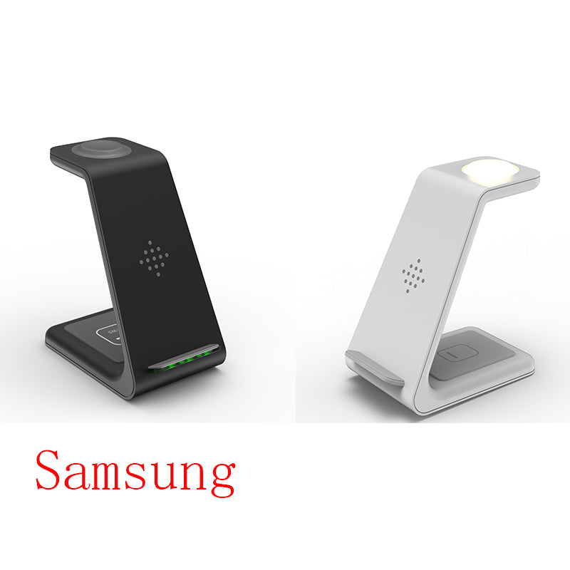 Wireless charger stand duo, one black and one white, vertical phone dock with LEDs