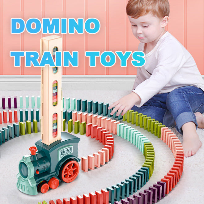 Electric domino train toy with teal engine and colorful curved track pieces
