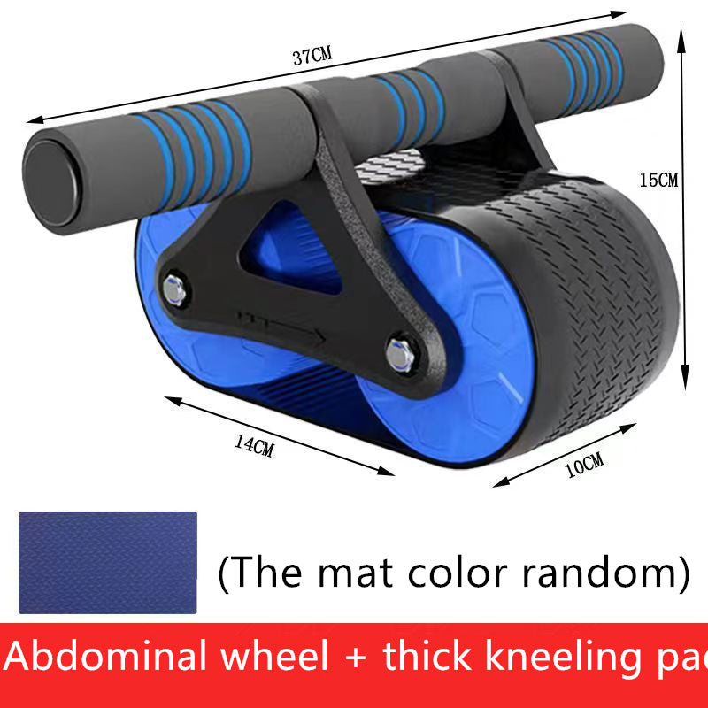 Blue double-wheel ab roller with thick kneeling pad and two ribbed hand grips