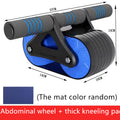Blue double-wheel ab roller with thick kneeling pad and two ribbed hand grips