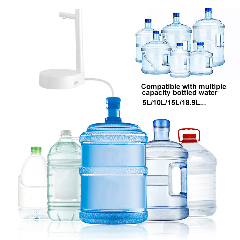 Electric water dispenser with white stand beside multiple bottled water jugs, blue bottles