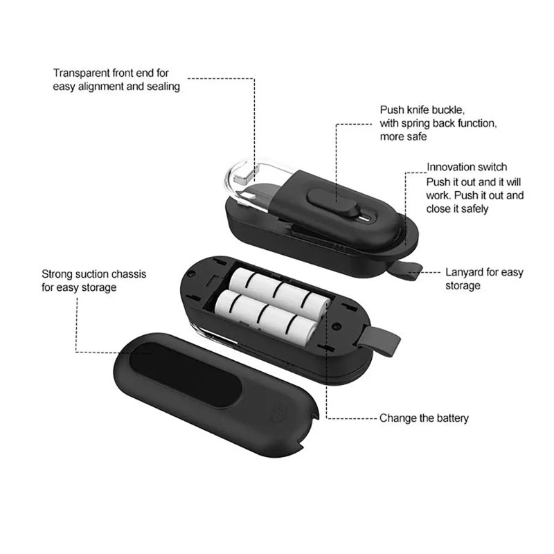 Mini bag sealer tool with open heating compartment and lid, black and gray