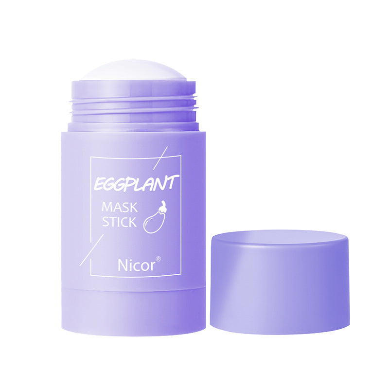 Lavender mask stick clay jar with cap, label reading "EGGPLANT" and "Nicor"