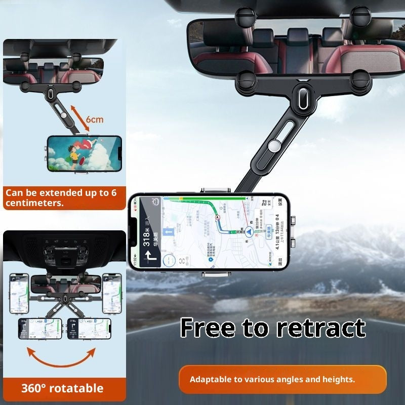 Black clip-on rearview mirror phone holder with extended arm and rotatable cradle
