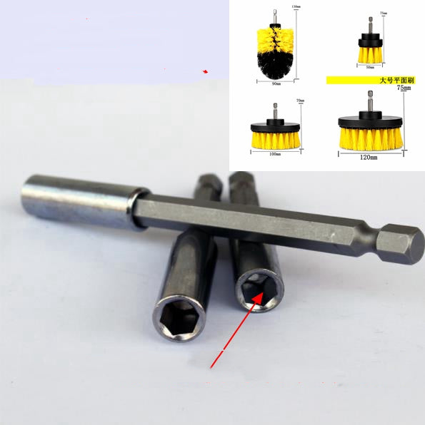 Electric drill cleaning brush attachment with metal extension bar and hex sockets