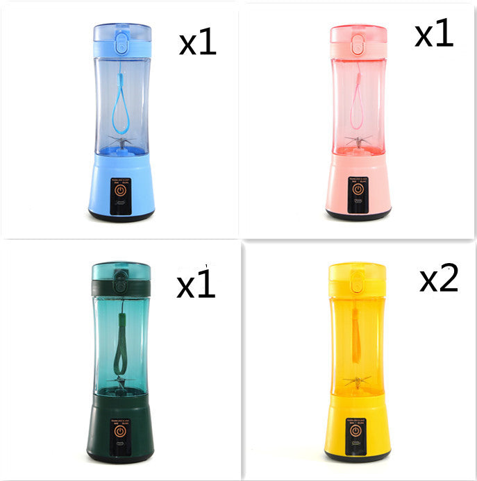 Portable electric fruit juicer mini blender set with light blue, pink, teal, and yellow containers