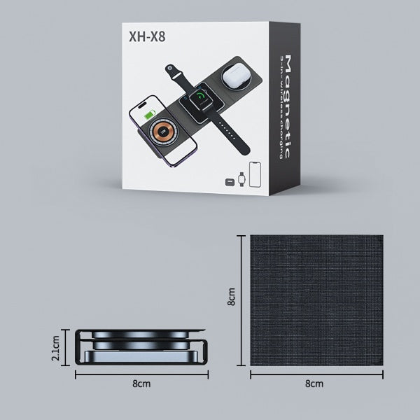 Wireless charger station package box with included black charging pad measurements