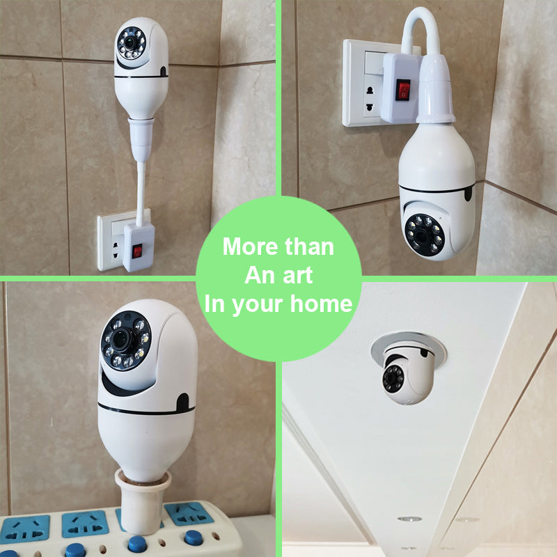 WiFi security camera bulb installed beside a wall outlet, showing front lens and LEDs