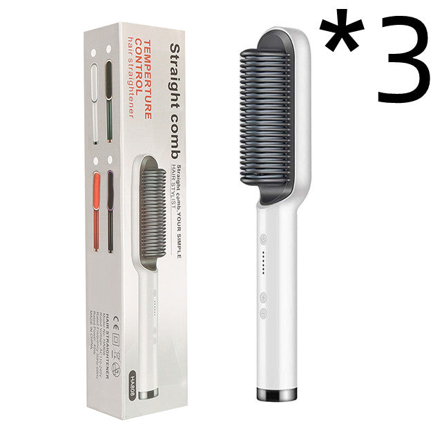 White electric hot comb hair straightener with ribbed heating head and included box
