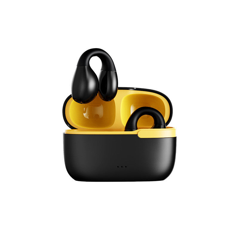 Wireless Bluetooth earbuds in charging case, black earbuds with yellow inner tray