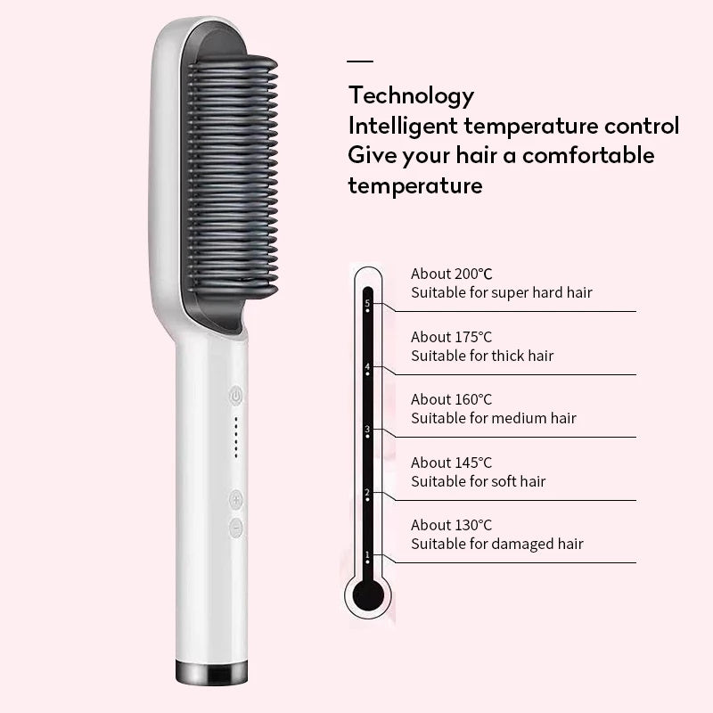 Heated hot comb hair brush with temperature settings chart, white body