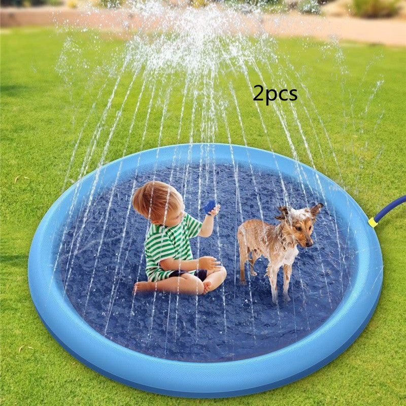 Blue inflatable splash pad with sprinkler jets and non-slip bottom, for kids and pets