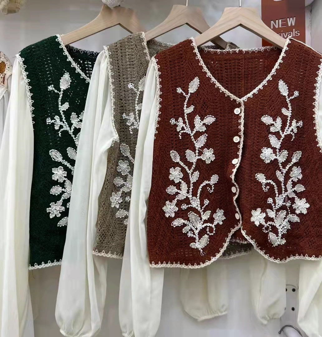 Embroidered V-neck sleeveless tops, dark green, taupe and maroon, button-front styles