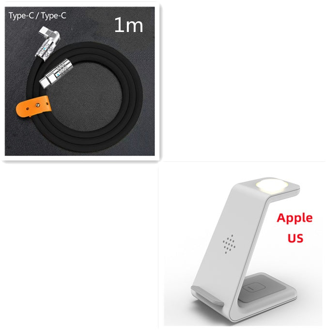 Wireless charger stand with white base and glowing pad, 1m Type-C to Type-C cable.