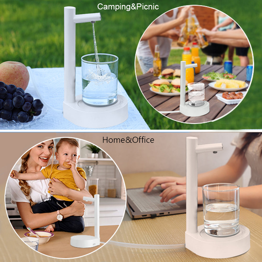Electric water dispenser on tabletop with white stand and spout for home and office